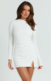 Abbie Mini Dress - Textured Jersey Tip Shoulder Ruched Bodycon Dress in White