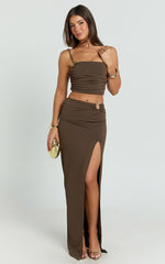 Adalee Two Piece Top and Skirt Set - Square Neck Gold Hardware Detail Top And Low Waist Maxi Skirt in Chocolate