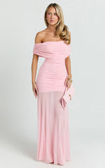 Alanna Maxi Dress - Off Shoulder Ruched Mesh Dress in Pink