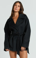 Alessandra Coat - Single Breasted Belted Short Wool Like Coat in Black
