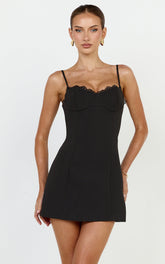 Alina Mini Dress - Fitted Balconette Lace Trim Dress in Black