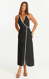 Aurora Midi Dress - Halter Neck Leg Split Wrap Dress in Black