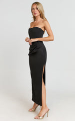 Avery Midi Dress - Strapless Draped Side Split Dress in Black