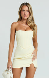 Avery Mini Dress - Strapless Corset Bodice Draped Dress in Lemon