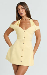 Baylee Mini Dress - Off Shoulder Button Front Tulip Skirt Dress in Lemon