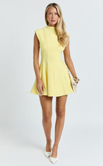 Becky Mini Dress - High Neck Sleeveless Fit And Flare Dress in Lemon