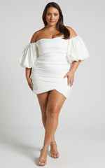 Betty Mini Dress - Off Shoulder Puff Sleeve Gathered Dress in White