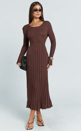 Blaire Midi Dress - Long Sleeve Tie Back Flare Dress in Dark Chocolate