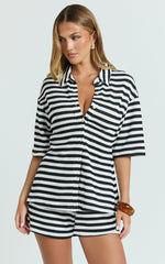 Brenda Top - Textured Stripe Drop Shoulder Button Down Shirt in White/Black