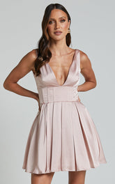 Bronte Mini Dress - Plunge Neck Fit and Flare in Blush