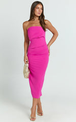 Calanthe Midi Dress - Strapless Tuck Detail Dress in Orchid