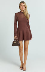 Camilla Mini Dress - Turtle Neck Fit And Flare Sheer Contrast Knit Dress in Chocolate