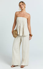 Carli Two Piece Top and Pants Set - Cotton Tube Pant Set in Beige