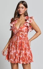 Carol Mini Dress - Pleated Fabric With Ruffle Trims Dress in Orange Floral Print