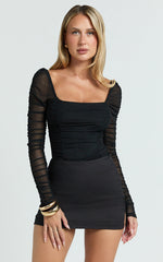 Casen Bodysuit - Long Sleeve Ruched Mesh Bodysuit in Black