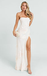 Chrissy Maxi Dress - Square Neck Lace Back Fit And Flare Dress in Ivory