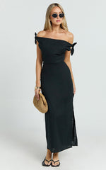 Cincinnati Midi Dress - Off The Shoulder Side Split Column Linen Dress in Black