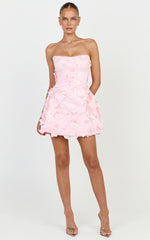 Delphine Mini Dress - Strapless Floral Embellished A Line Dress in Pink