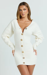 Demelza Mini Dress - Knit Button Down Blouson Cardigan Mini Dress in Cream