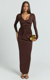 Dixie Maxi Dress - Plunge Long Sleeve Bodycon Dress in Chocolate