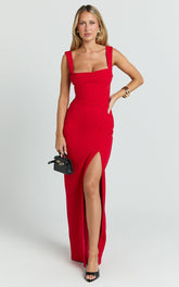 Donna Maxi Dress - Cowl Neck Column High Split Dress in Red