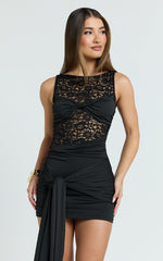 Ellen Mini Dress - Lace Contrast Skirt Bodycon Dress in Black