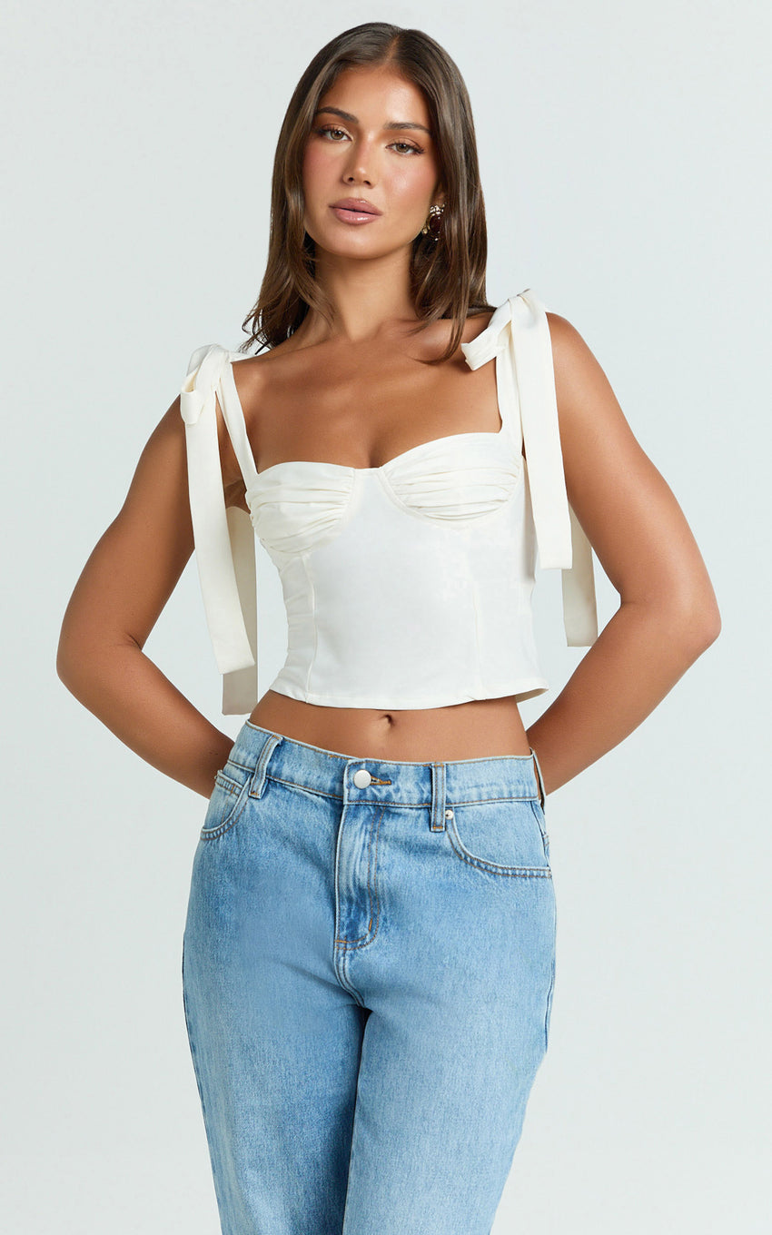 Elsa Top - Tie Shoulder Ruched Bust Bias Cut Top in Ivory