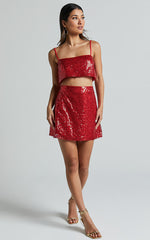 Elswyth Mini Skirt - Side Split Sequin Skirt in Red