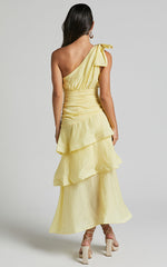 Eugenia Midi Dress - One Shoulder Fit and Flare Layered Dress in Yellow