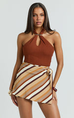 Evie Top - Halter Neck Brooch Detail Top in Brown