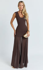 Frances Maxi Dress - Contrast U Neck Godet A Line Dress in Chocolate