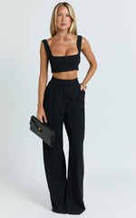 Gaia Two Piece Set - Linen Look Square Neck Crop Top and High Waist Pants Set in Black