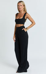 Gaia Two Piece Set - Linen Look Square Neck Crop Top and High Waist Pants Set in Black