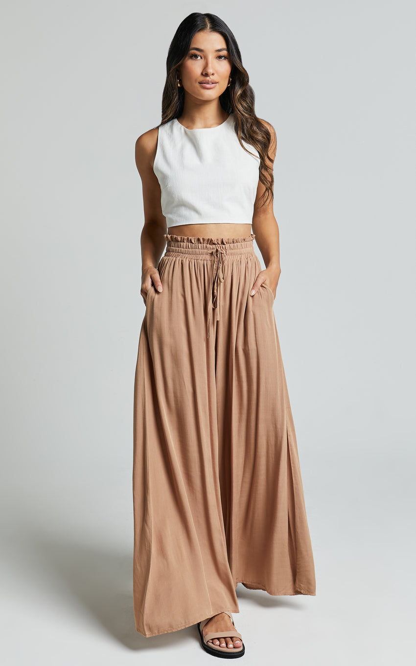 Hany Pants - High Waist Drawstring Wide Leg Pants in Latte