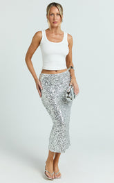 Hasley Midi Skirt - Sequin Bodycon Skirt in Silver