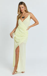 Hillary Maxi Dress - Draped V Neck Low Back Dress in Lemon