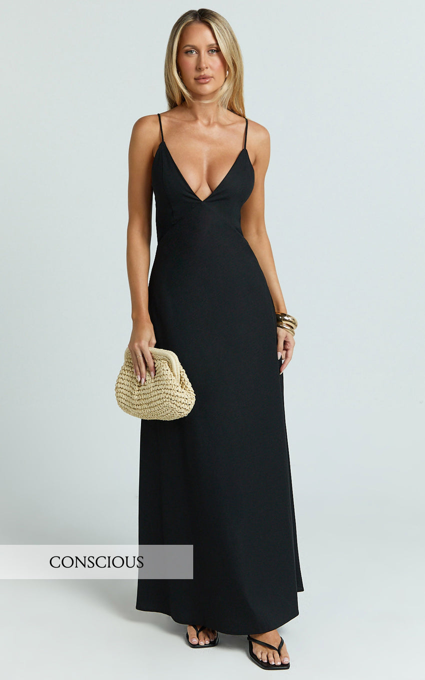 Hinata Maxi Dress - Linen Blend Slip Dress in Black