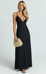 Hinata Maxi Dress - Linen Blend Slip Dress in Black