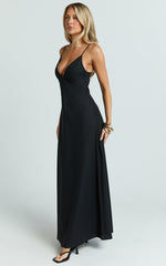 Hinata Maxi Dress - Linen Blend Slip Dress in Black