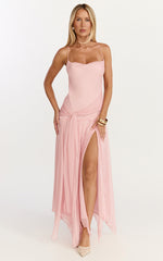 Idris Midi Dress - Cowl Neck Draped Sash Godet Dress in Soft Pink