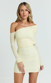 Imelda Mini Dress - Tipped Off Shoulder Long Sleeve Ruched Fitted Skirt Dress in Lemon