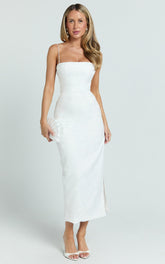 Indiana Midi Dress - Jacquard Square Neck Lace Back Fitted Dress in White