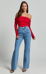 Jaythen Bodysuit - Long Sleeve Off Shoulder Ruched Mesh Bodysuit in Red