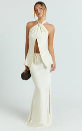 Jenna Maxi Skirt - Mid Waisted Satin Maxi Skirt in Oyster