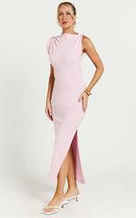 Jessenia Midi Dress - Linen High Neck Dress in Soft Pink