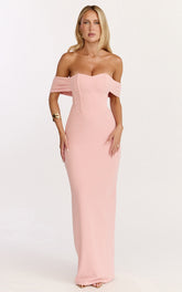 Karina Maxi Dress - Off Shoulder Corset Bodice Lace Up Back Dress in Pink