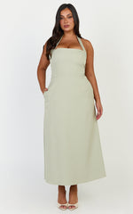 Karissa Midi Dress - Halter Neck Fit and Flare Midi Dress in Pistachio