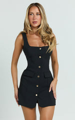 Kenna Mini Dress - Square Neck Button Down Mini Dress in Black
