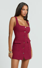 Kenna Mini Dress - Square Neck Button Down Mini Dress in Wine