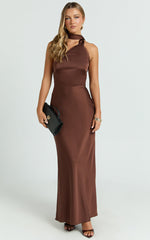Keryn Maxi Dress - Open Back Shoulder Detailing Dress in Chocolate